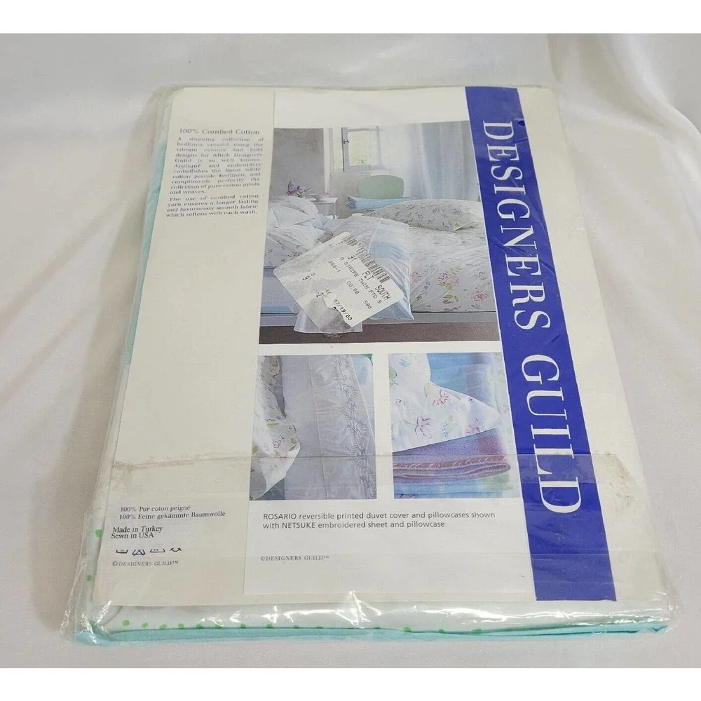 Designers Guild Rosario Cotton Twin Striped Fitted Sheet & Floral Flat Sheet NIP